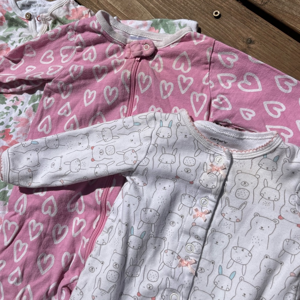 3pc baby girl footsie pjs size 3-6mo floral and animal prints